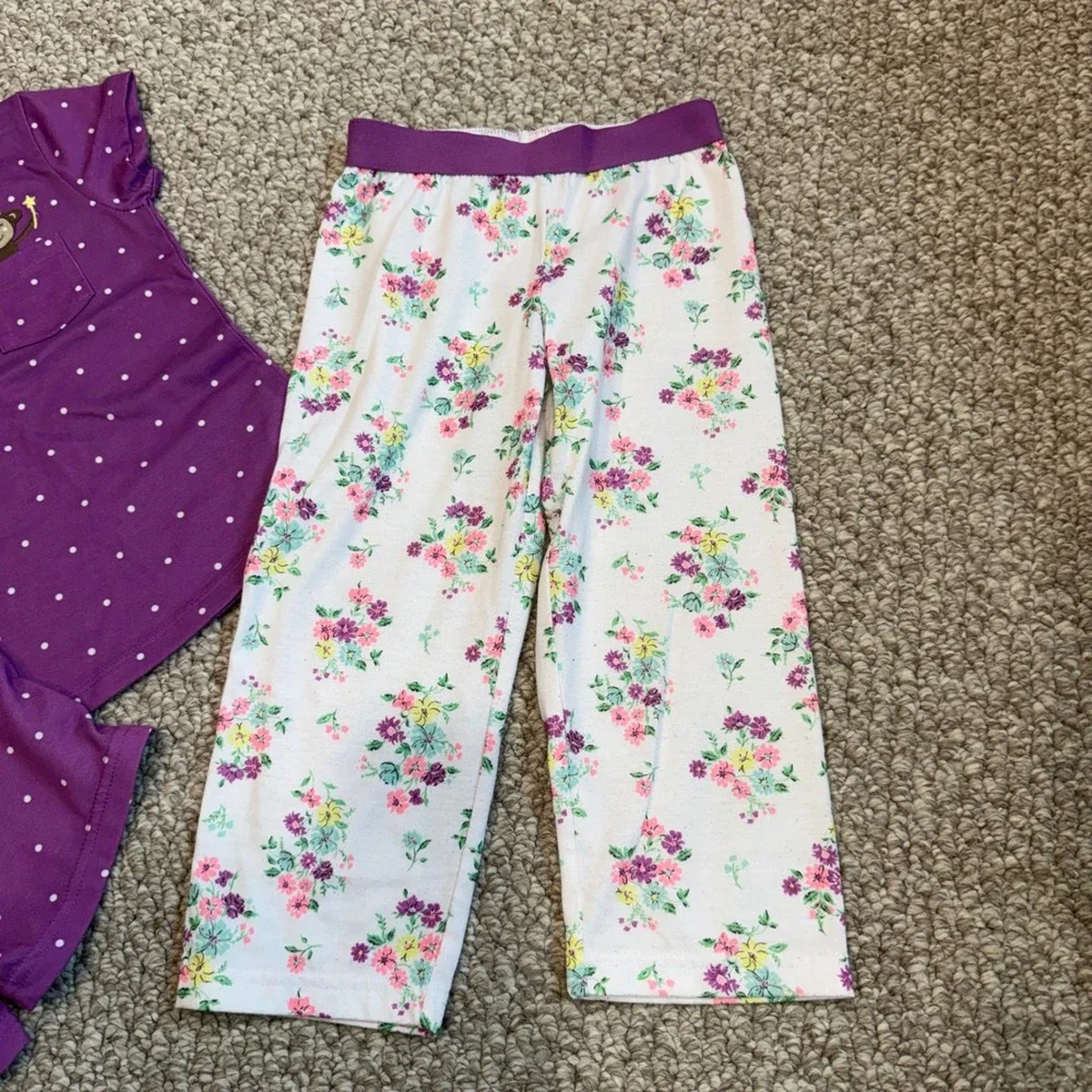 Carters Girls Size 3T Purple Polka Dot Monkey Floral 3 Piece Pajama Set